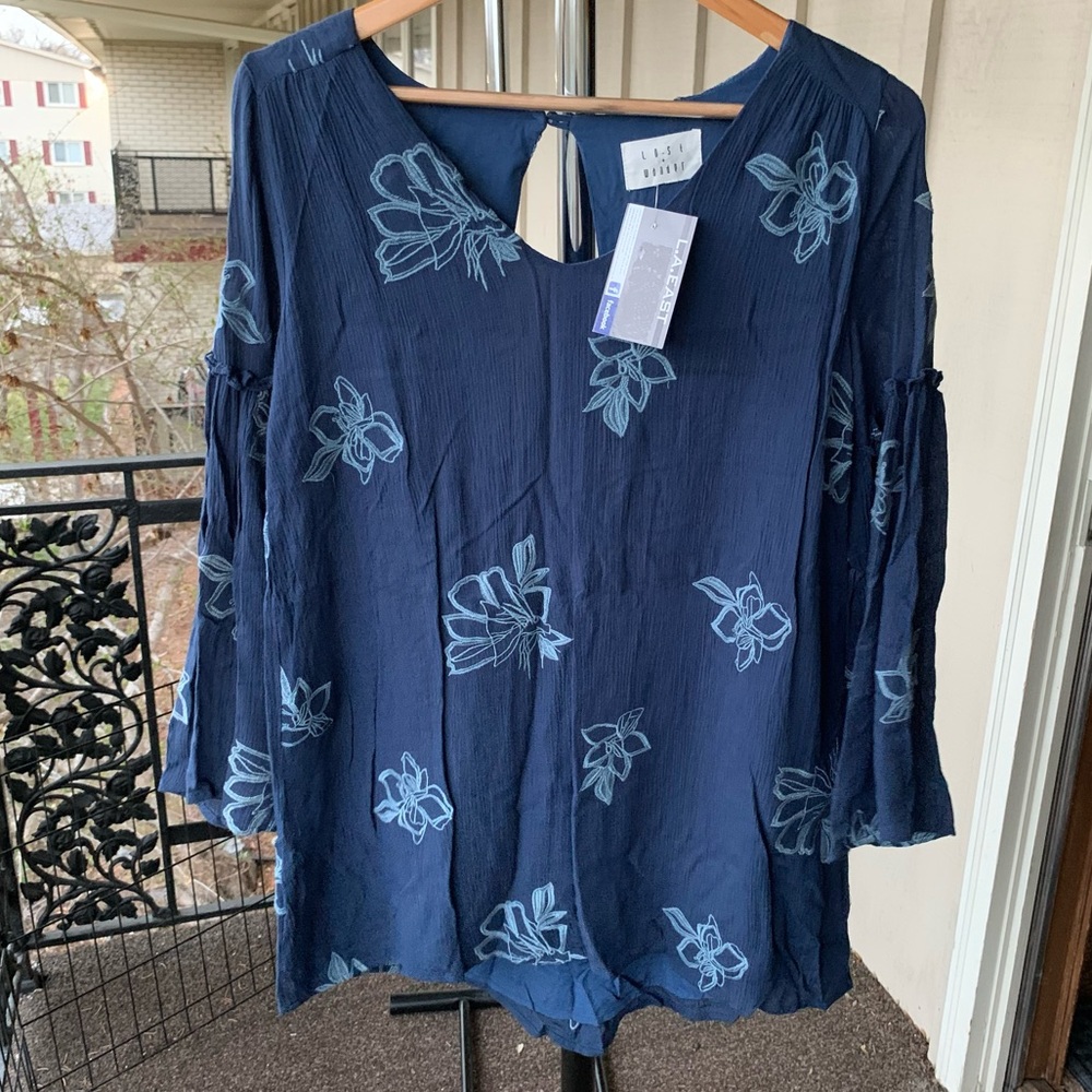 Lost and Wander Anthropologie Floral Embroidered Swing Dress Blue NWT